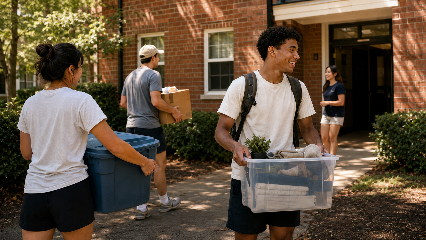 College students carrying move-in bins outside student housing